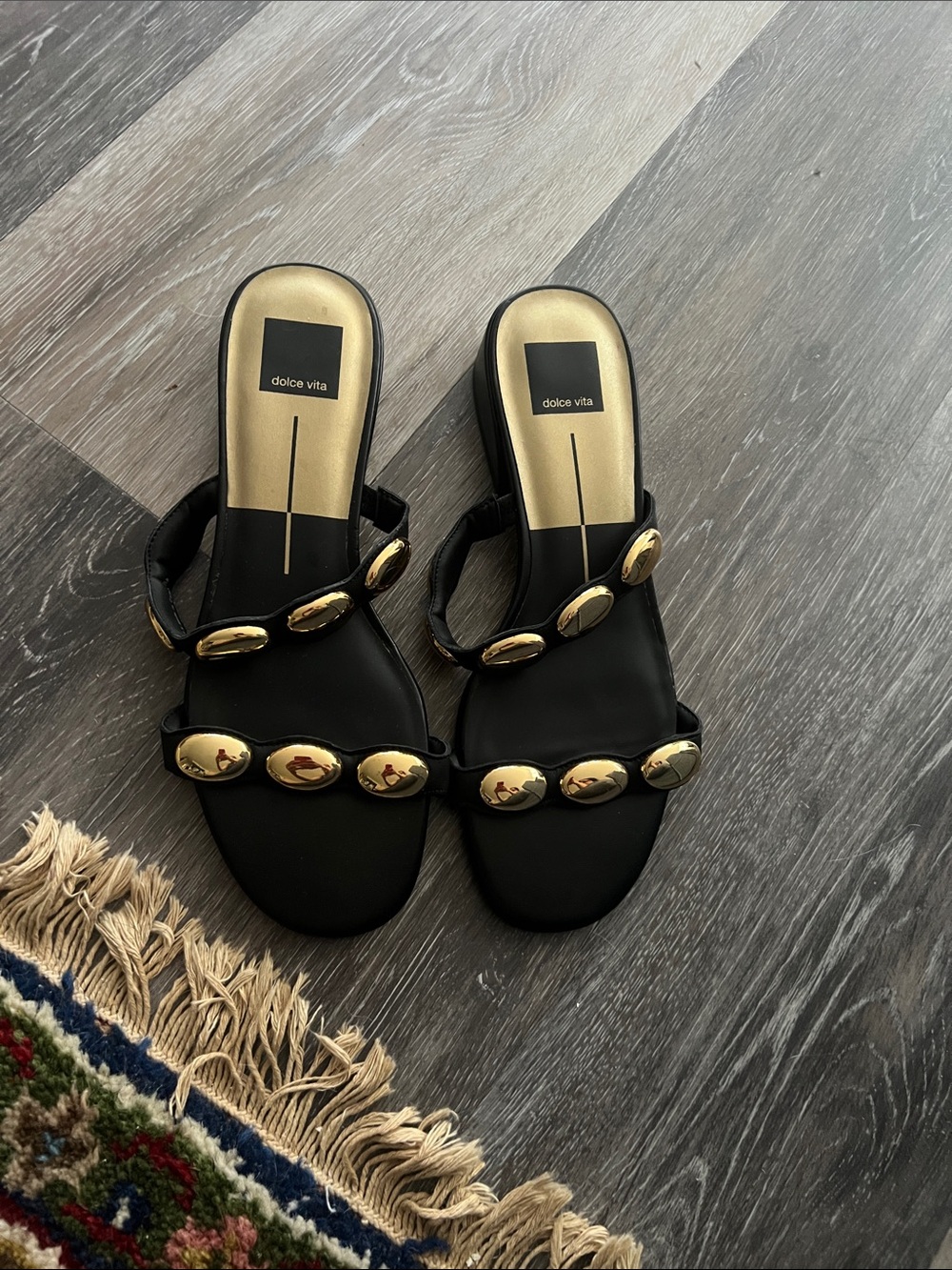 Dolce Vita Black Slide Sandals with Gold Disc Accents
